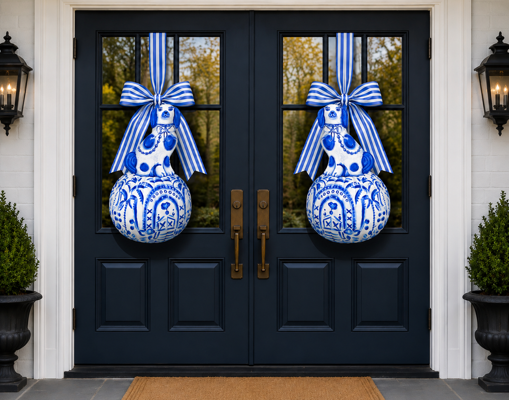 LARGE Designer PAIR of Chinois Staffie Pumpkin Door Hangers