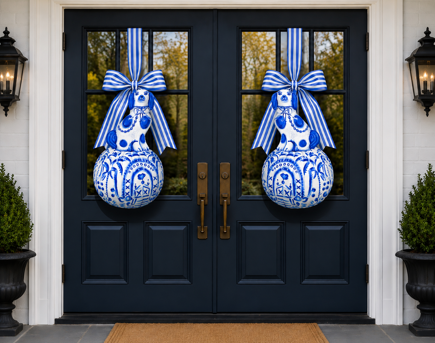 LARGE Designer PAIR of Chinois Staffie Pumpkin Door Hangers
