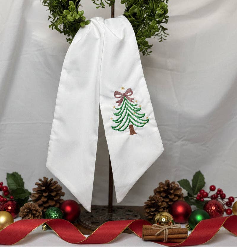 Wreath Sash Embroidered | Christmas Tree with multi-color bow: No / Burlap