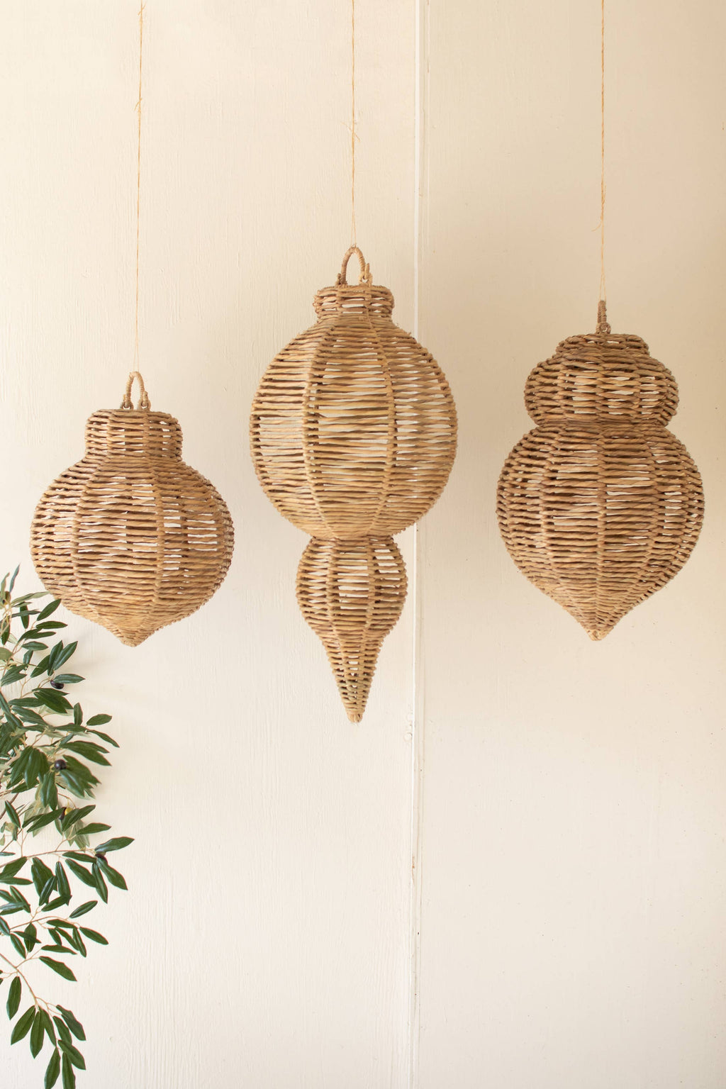 SET OF THREE LARGE WOVEN SEAGRASS AND IRON ORNAMENTS: Brown / Seagrass/Iron / Large: 14"d x 30.25"t;  
Medium: 12"d x 21"t;  
Small: 12"d x 17.75"t