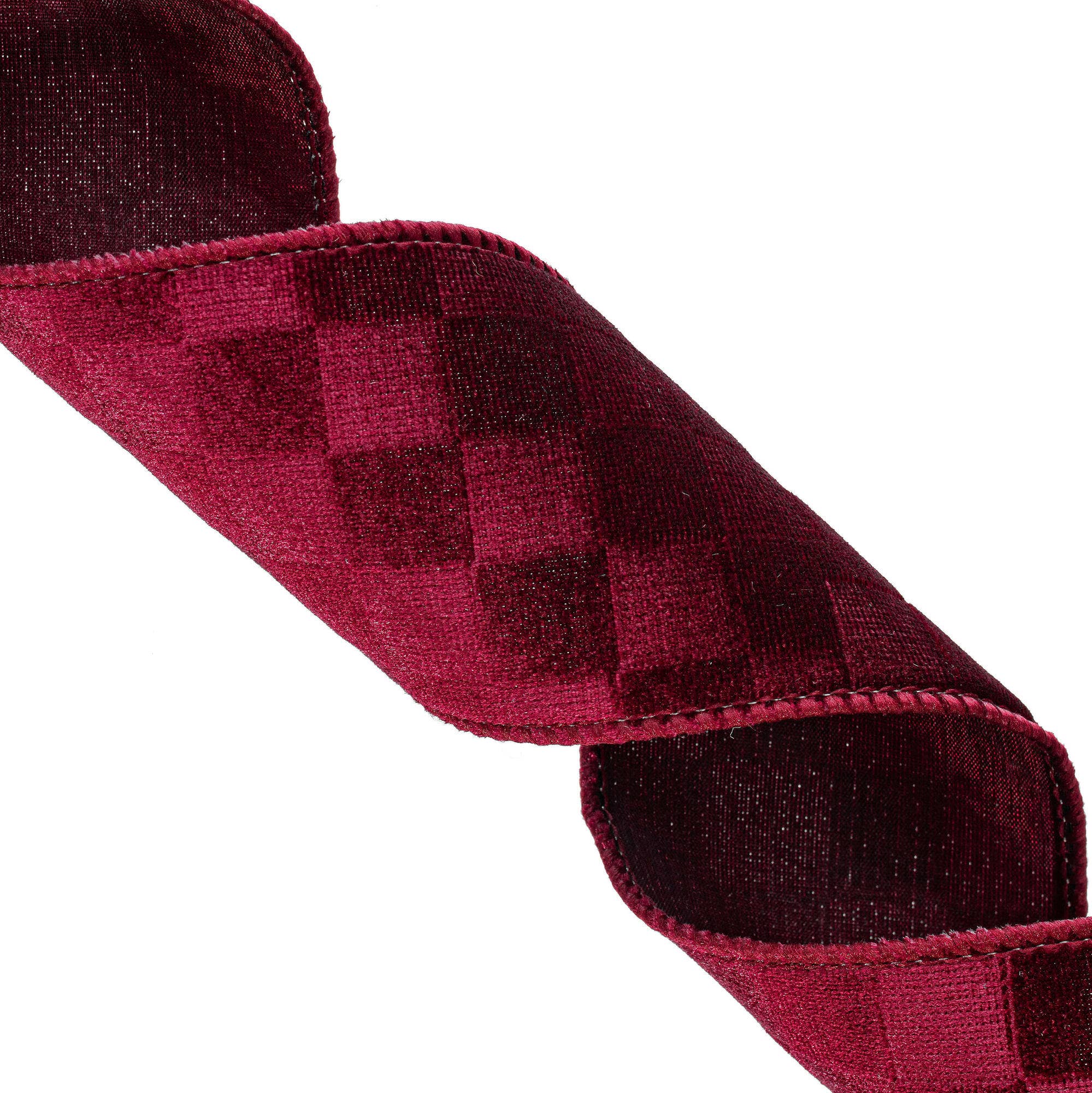 2.5"x10yd Burgundy Velvet Checkered: Burgundy / Polyester 50%, Nylon 50% / 2.5"x10yd