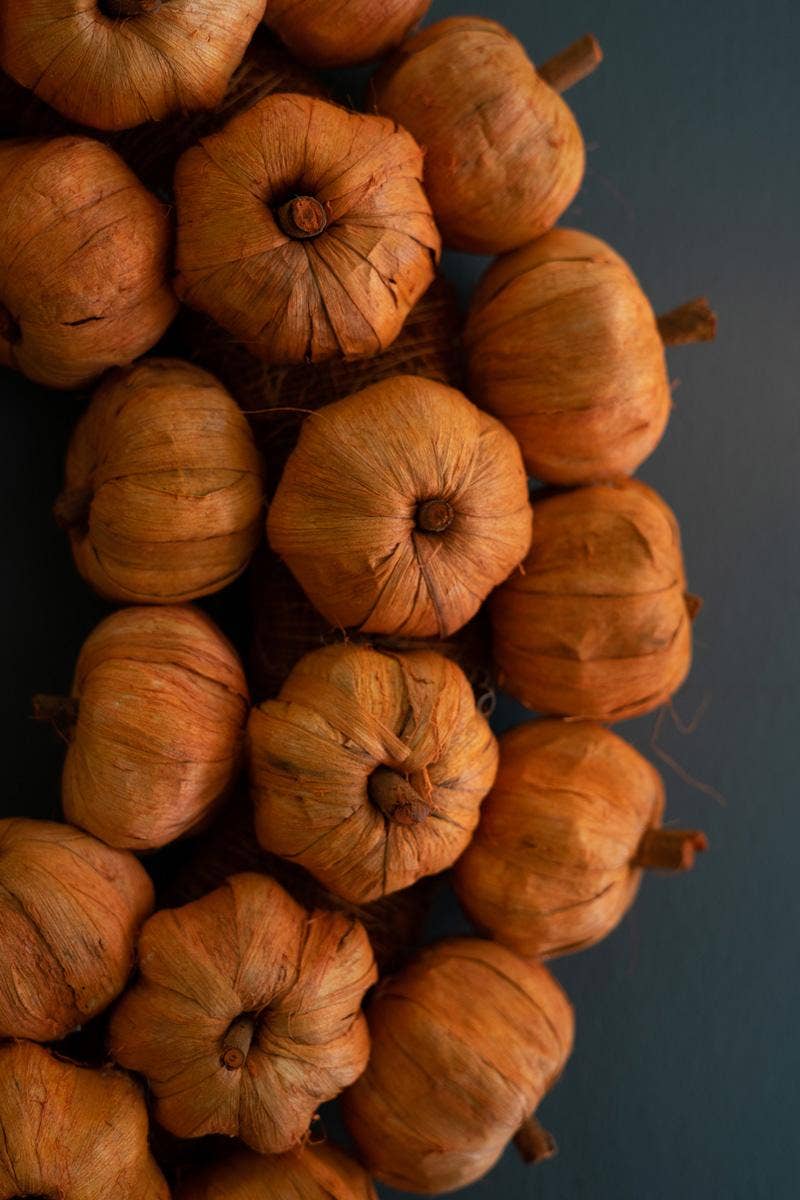 ORANGE FAUX PUMPKIN WREATH: Orange / Dried Botanical / 19"d