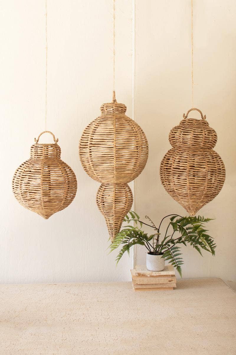 SET OF THREE LARGE WOVEN SEAGRASS AND IRON ORNAMENTS: Brown / Seagrass/Iron / Large: 14"d x 30.25"t;  
Medium: 12"d x 21"t;  
Small: 12"d x 17.75"t
