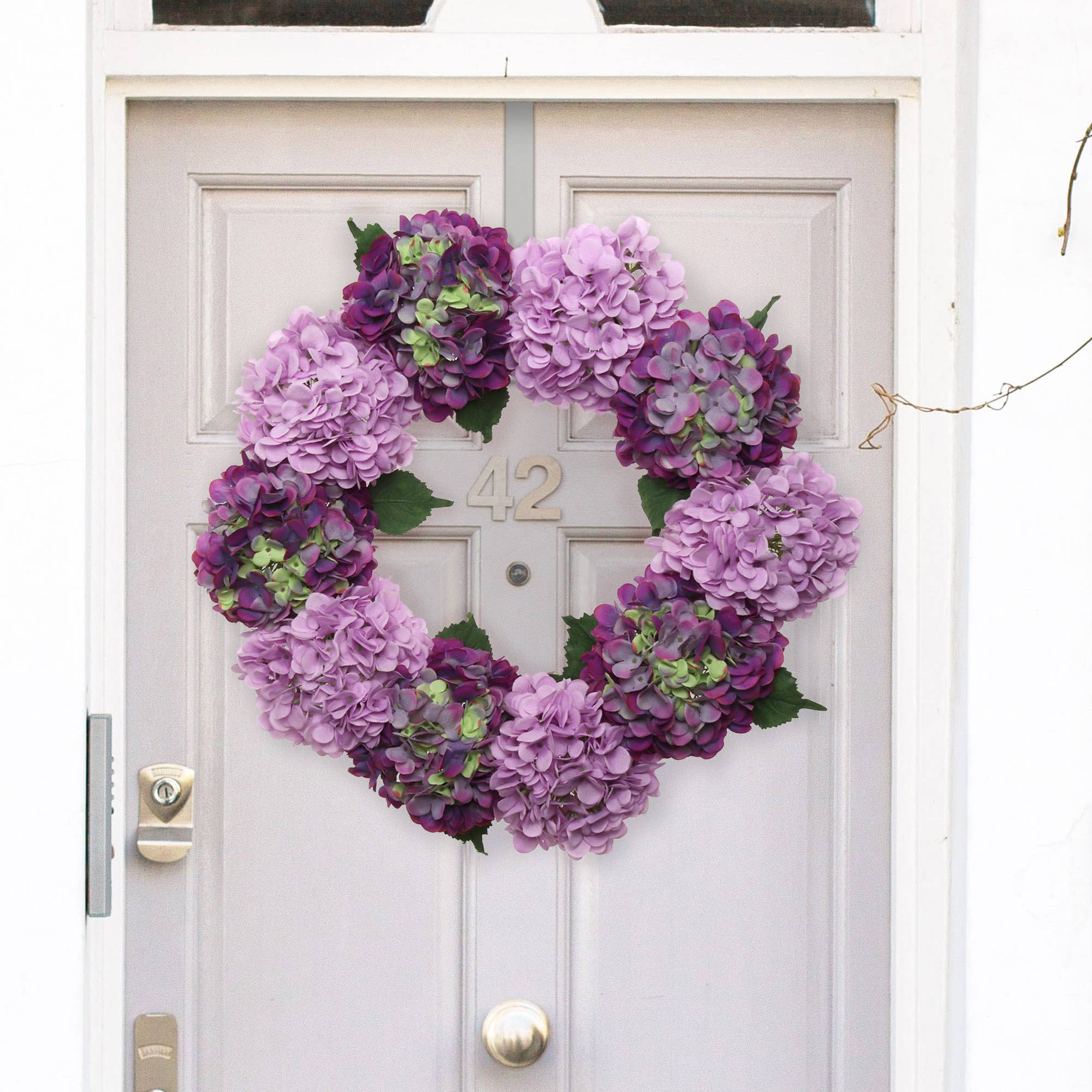 24" Mixed Purple Hydrangea Wreath With Grapevine Ring