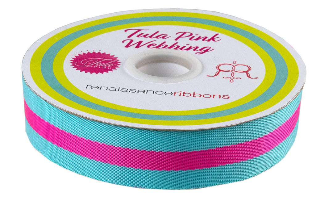 Aqua and Hot Pink - 1.5" Nylon Webbing - by Tula Pink - 16 Yard Spool