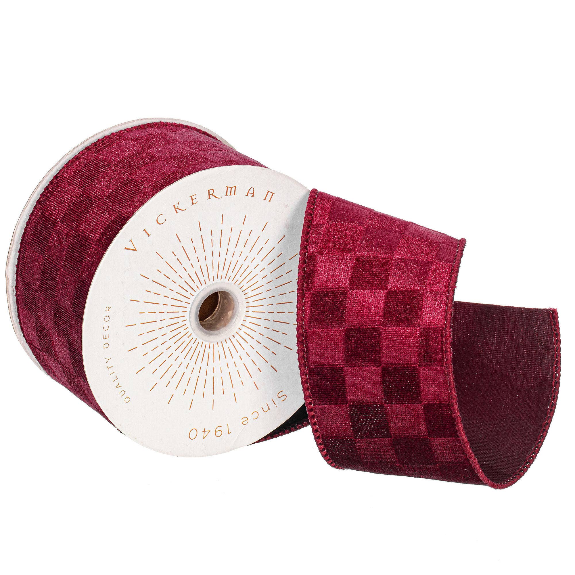 2.5"x10yd Burgundy Velvet Checkered: Burgundy / Polyester 50%, Nylon 50% / 2.5"x10yd