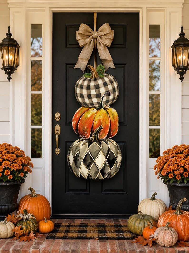LARGE Designer Harlequin Pumpkin Door Hanger