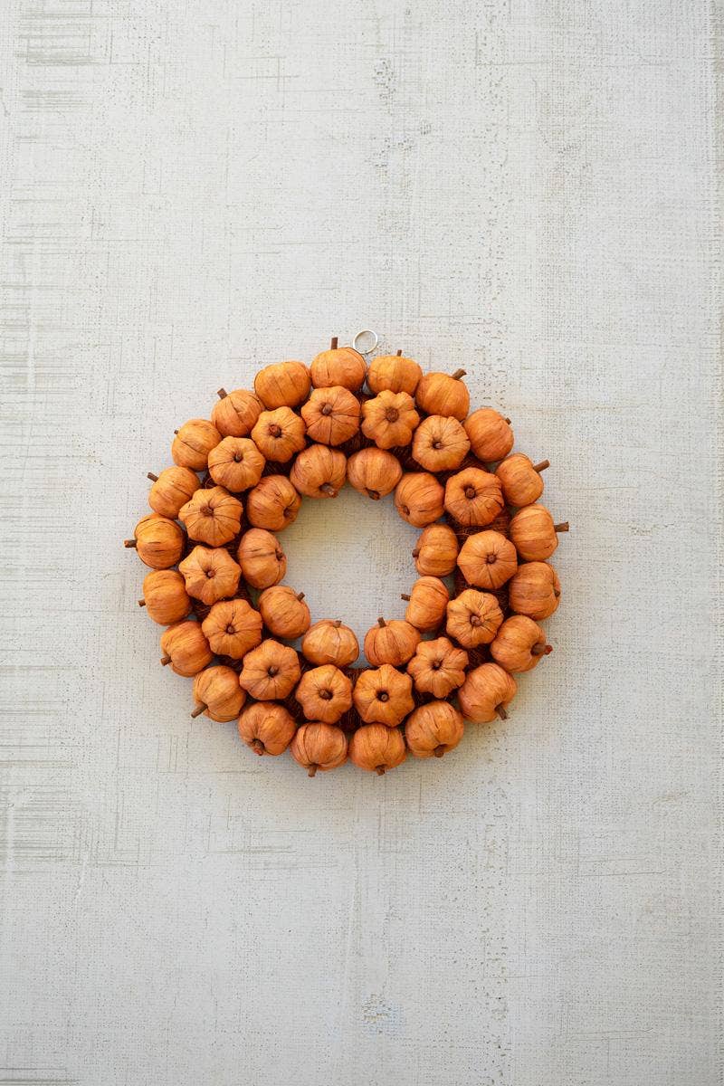 ORANGE FAUX PUMPKIN WREATH: Orange / Dried Botanical / 19"d