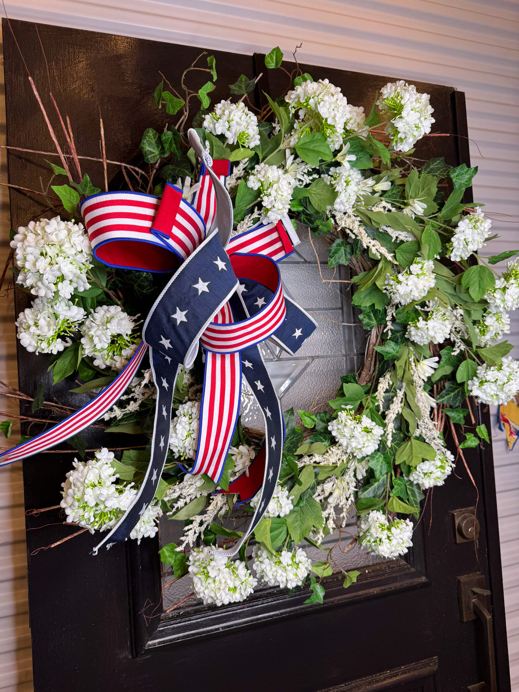 Stars and Stripes Bow on Snowball Wreath