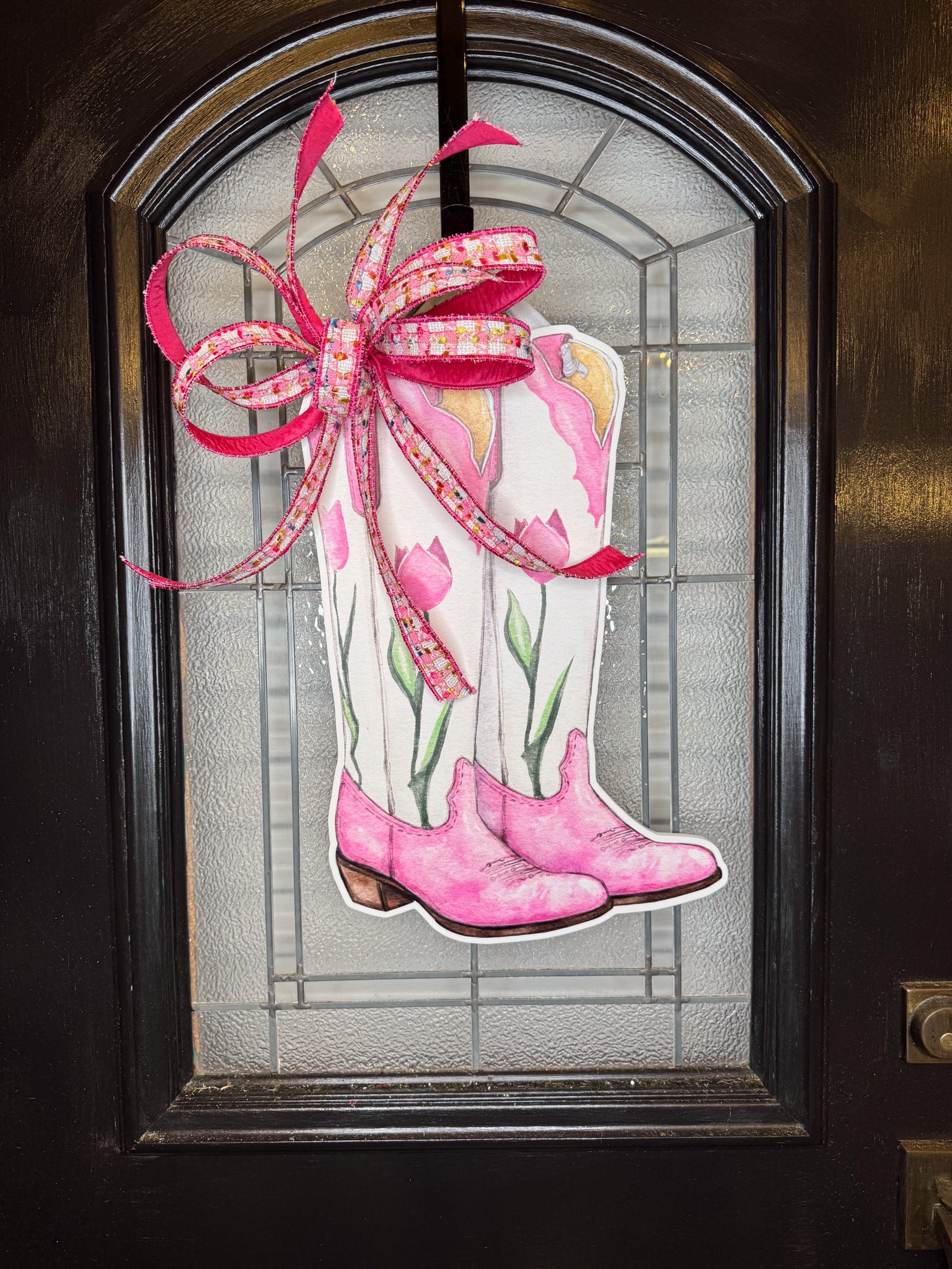 Reversible Pink & Yellow Cowgirl Boot Doorhanger & Bow