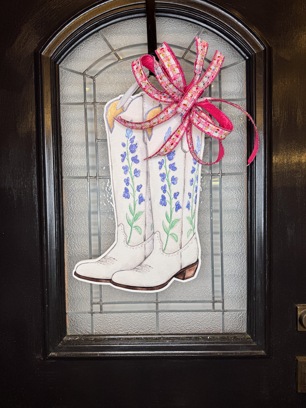 Reversible Pink & Yellow Cowgirl Boot Doorhanger & Bow