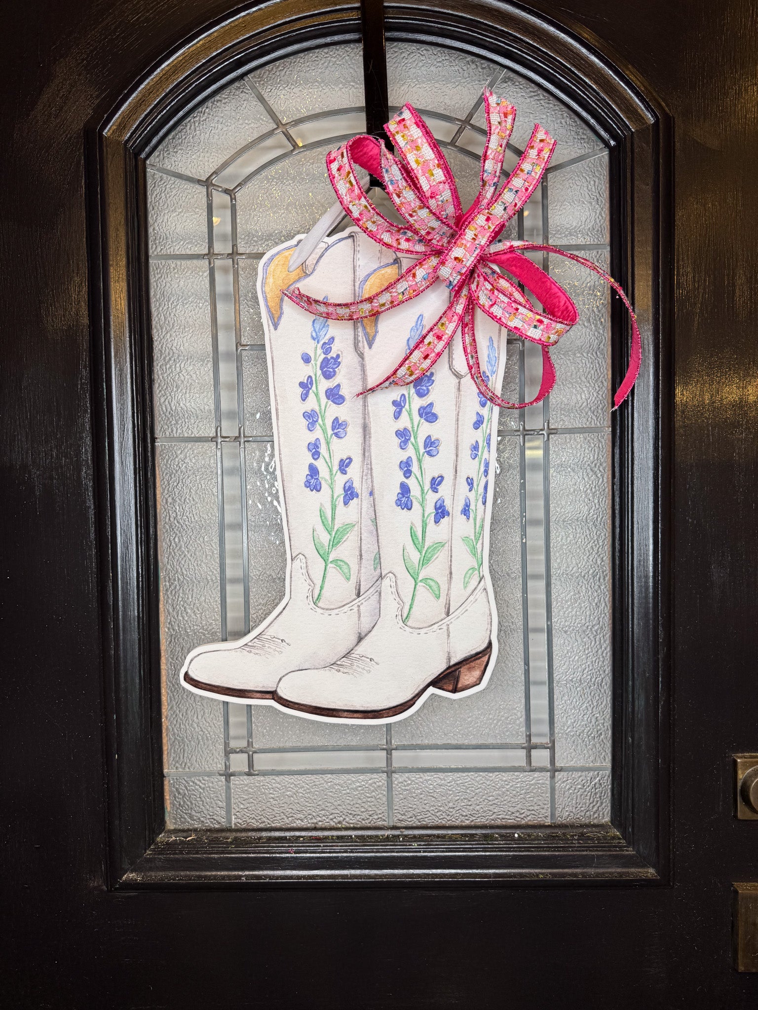 Reversible Pink & Yellow Cowgirl Boot Doorhanger & Bow