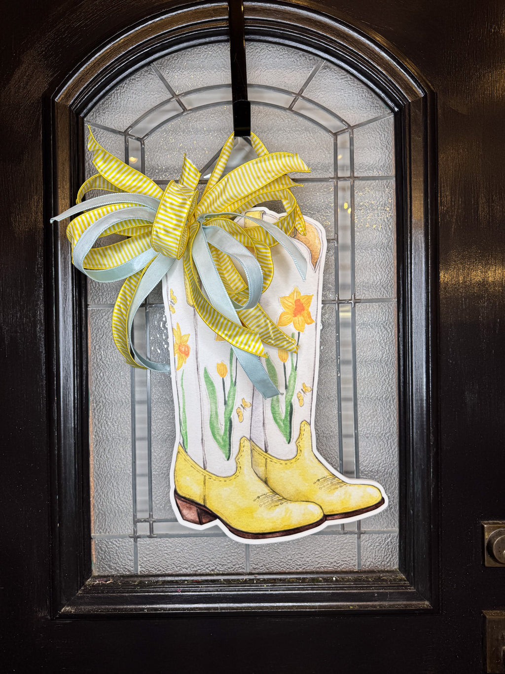 Reversible Blue & Yellow Cowgirl Boot Doorhanger w/Bow