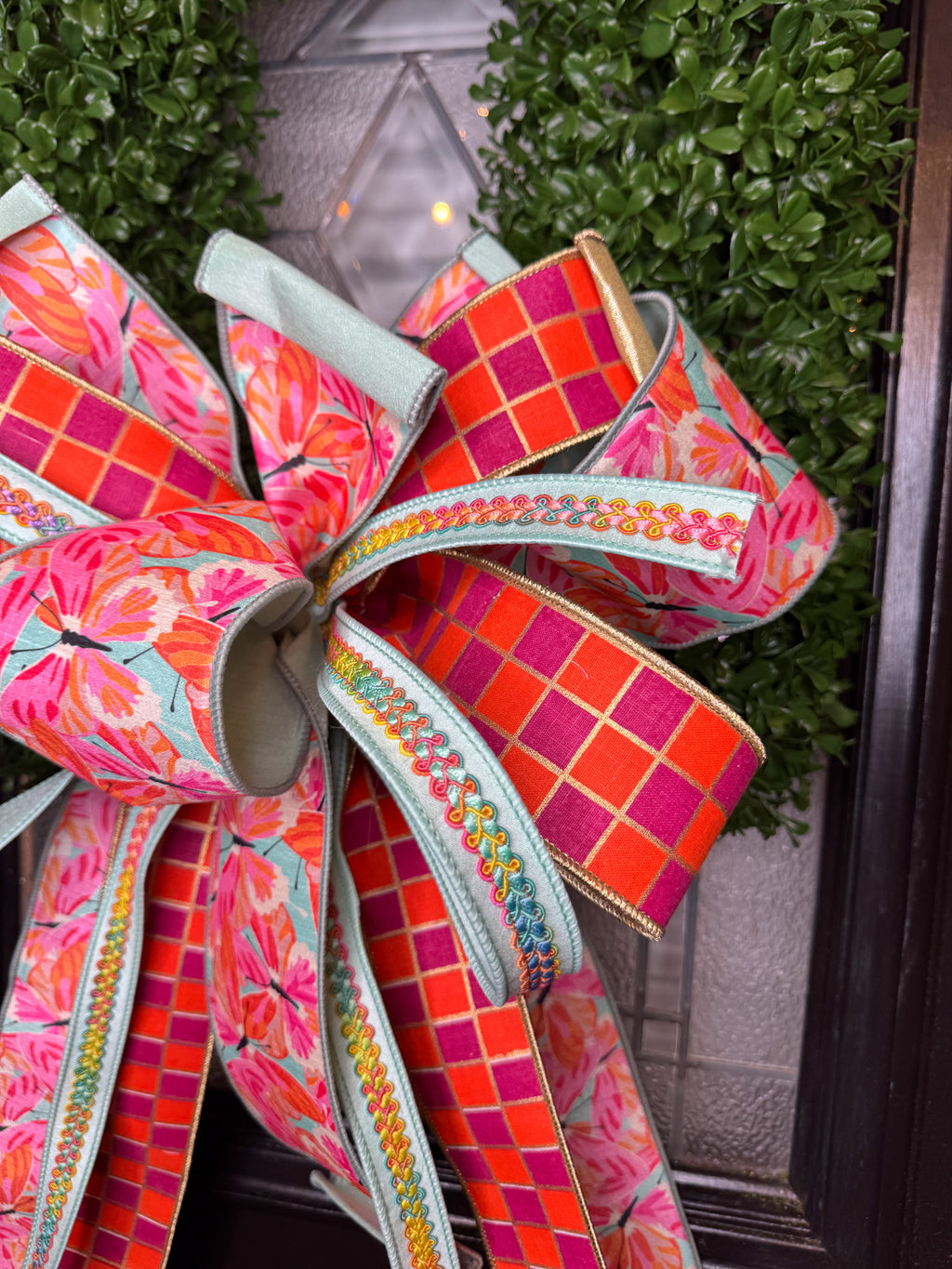 Bright Butterfly Bow & Rectangle Boxwood Wreath
