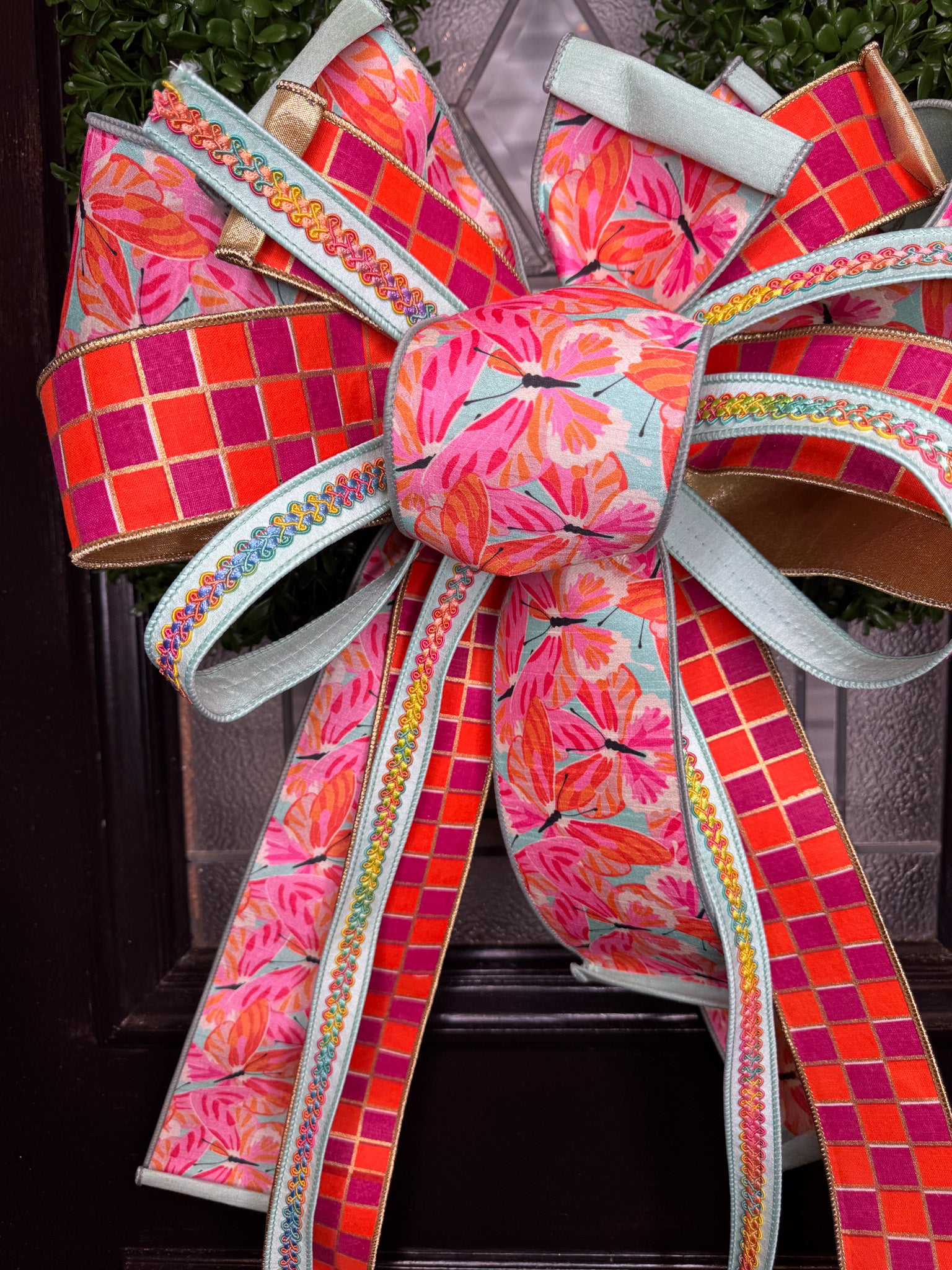 Bright Butterfly Bow & Rectangle Boxwood Wreath