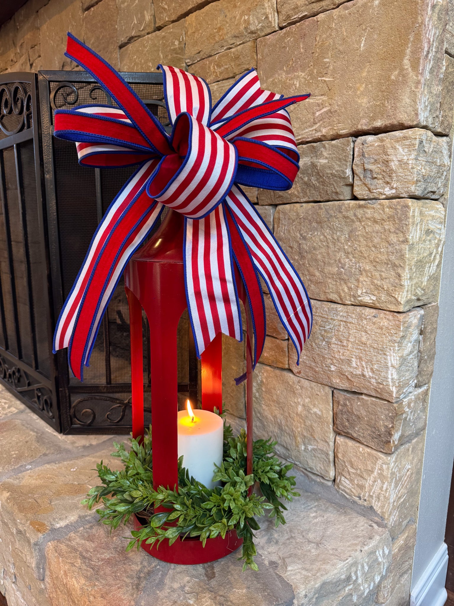 Red Lantern Large with Patriotic Bow and Greenery