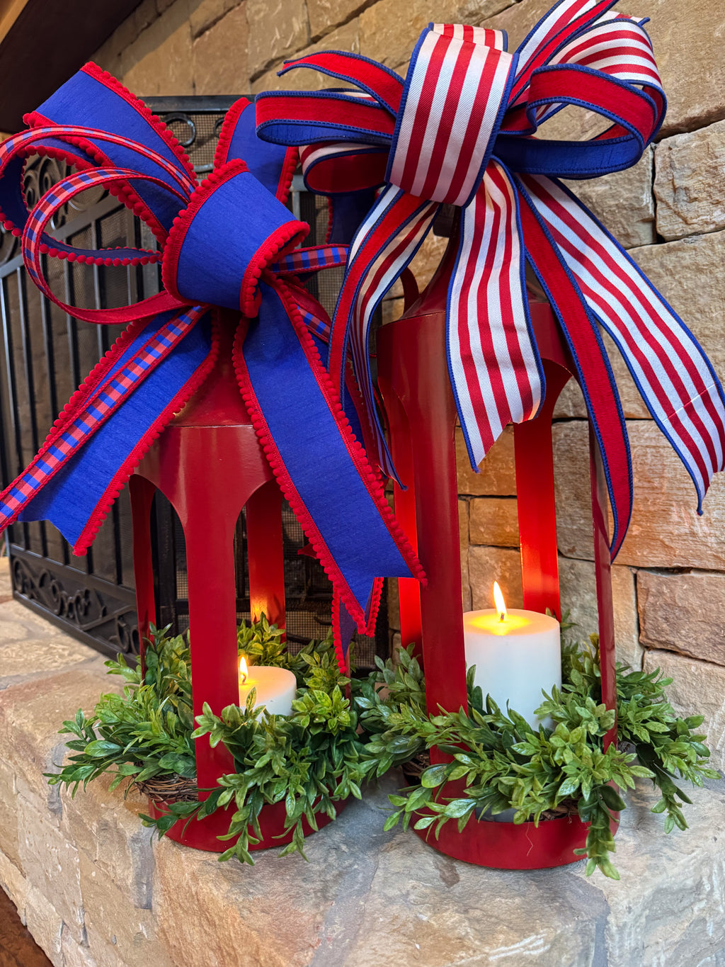 Red Lantern Medium with Patriotic Bow and Greenery