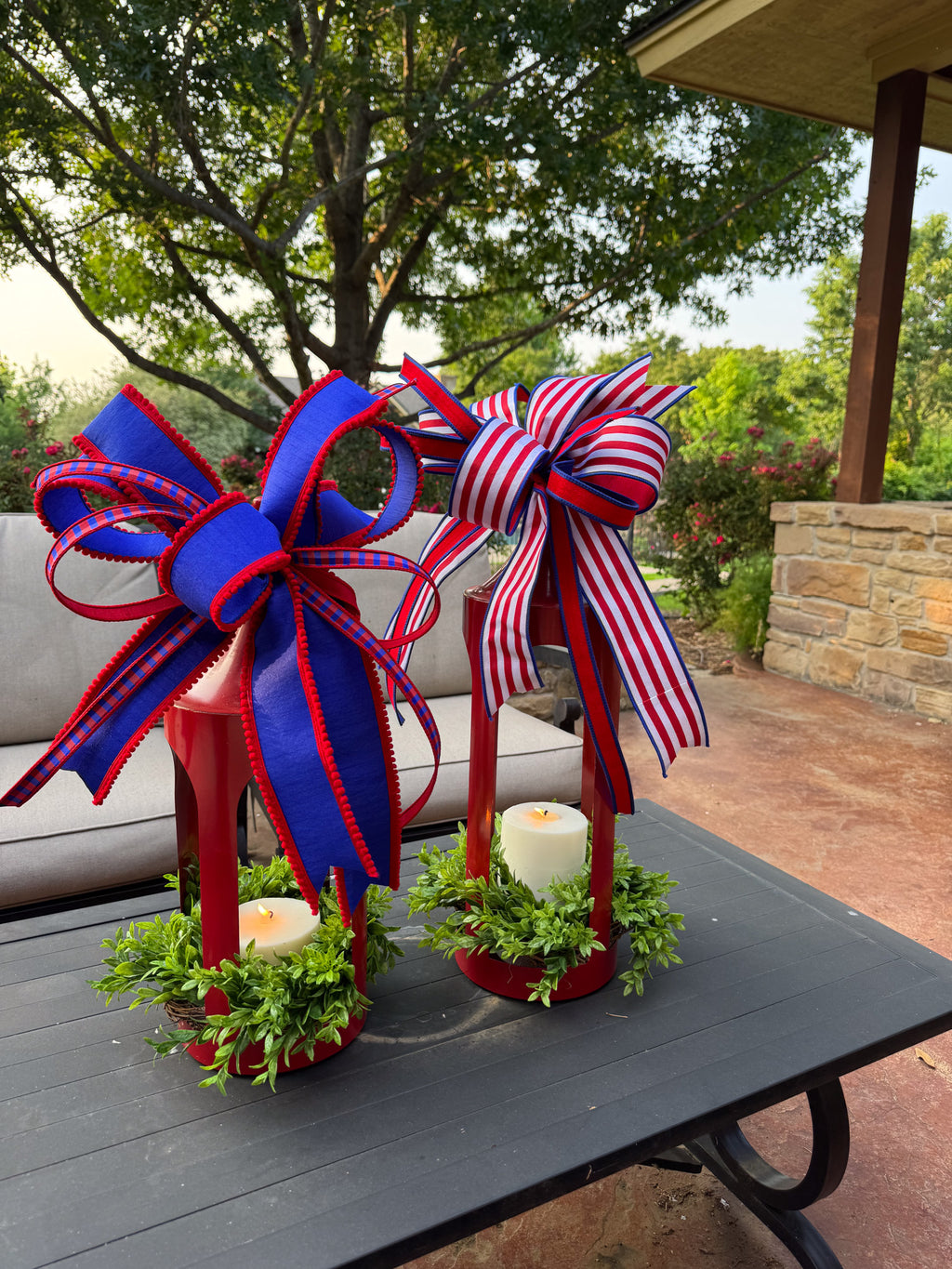 Red Lantern Medium with Patriotic Bow and Greenery