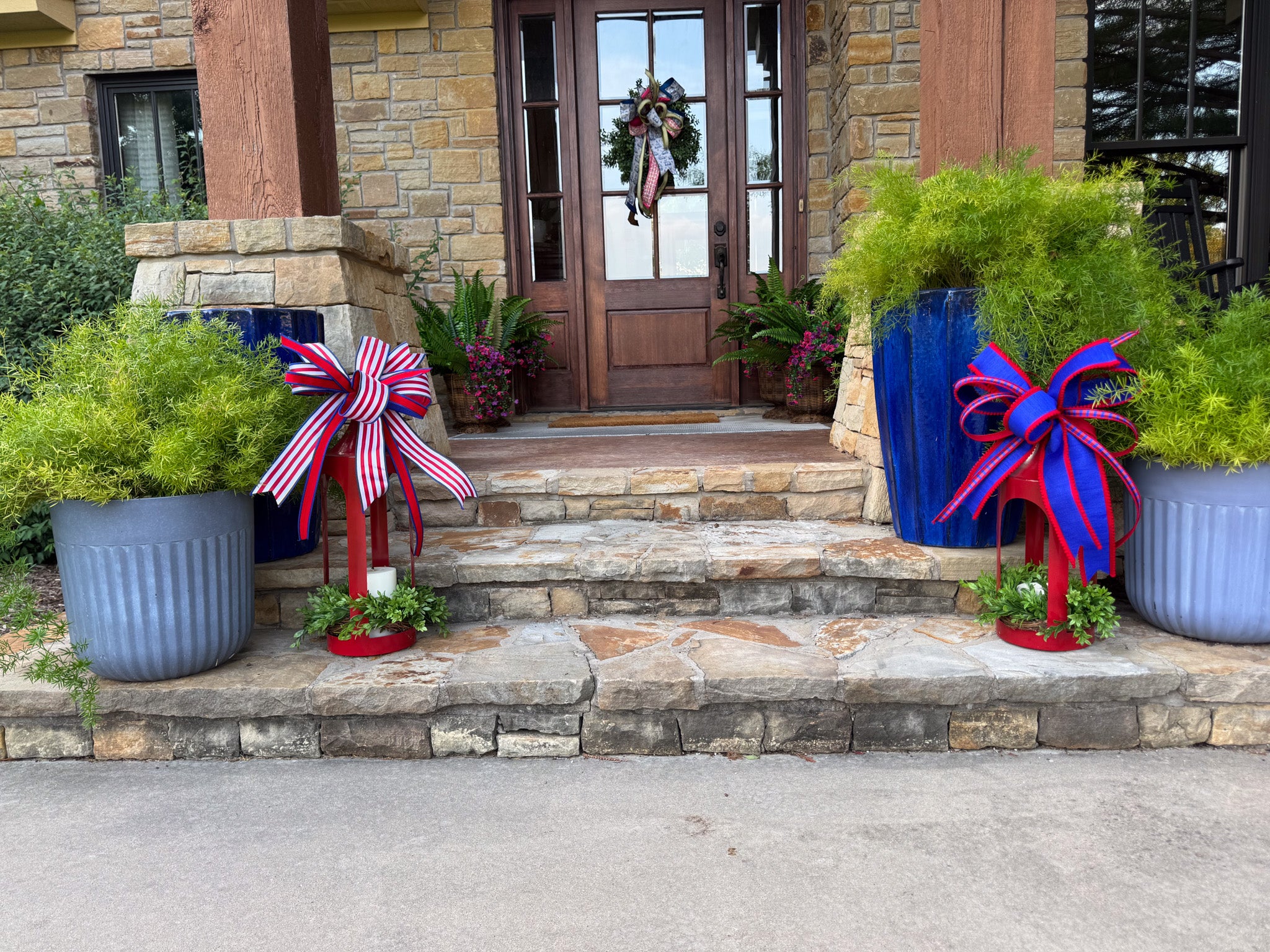 Red Lantern Medium with Patriotic Bow and Greenery