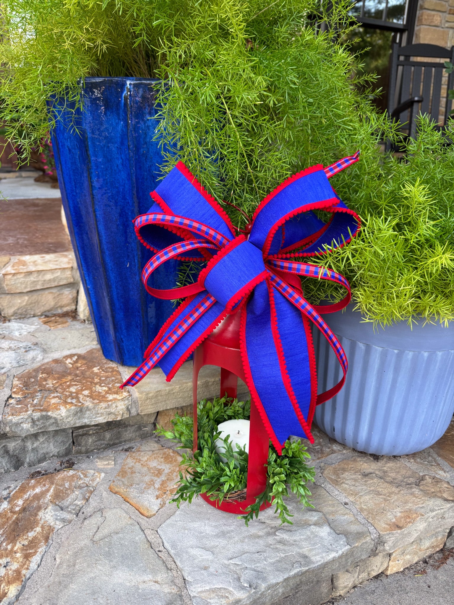 Red Lantern Medium with Patriotic Bow and Greenery