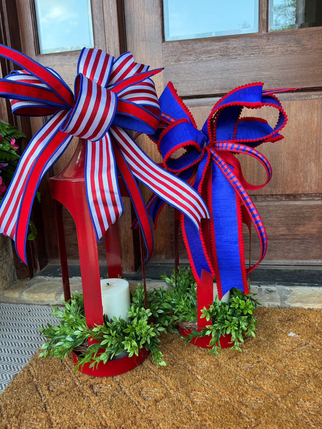 Red Lantern Medium with Patriotic Bow and Greenery