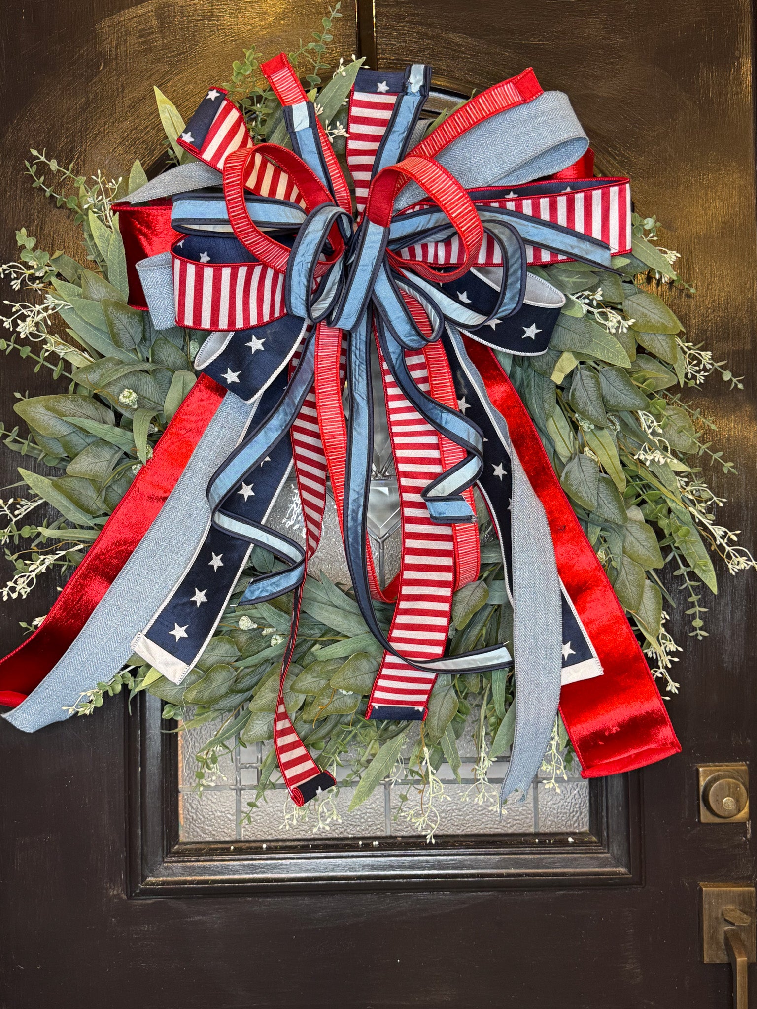 Red, White and Blue Forever Bow on Eucalyptus Wreath