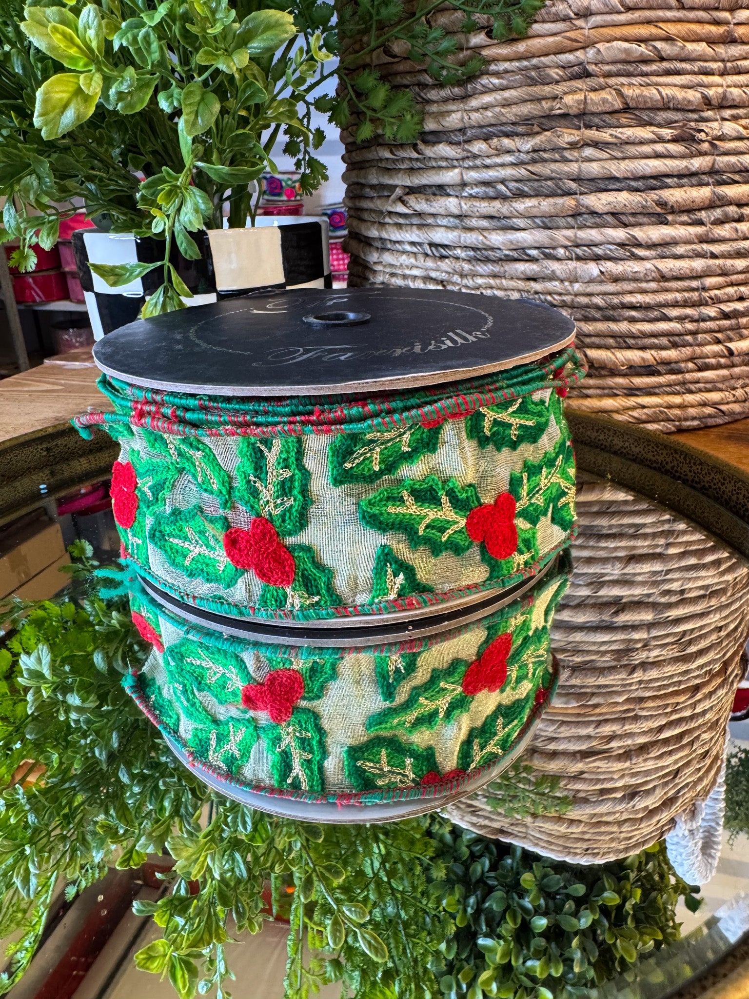Holly Embroidered Leaves Ribbon