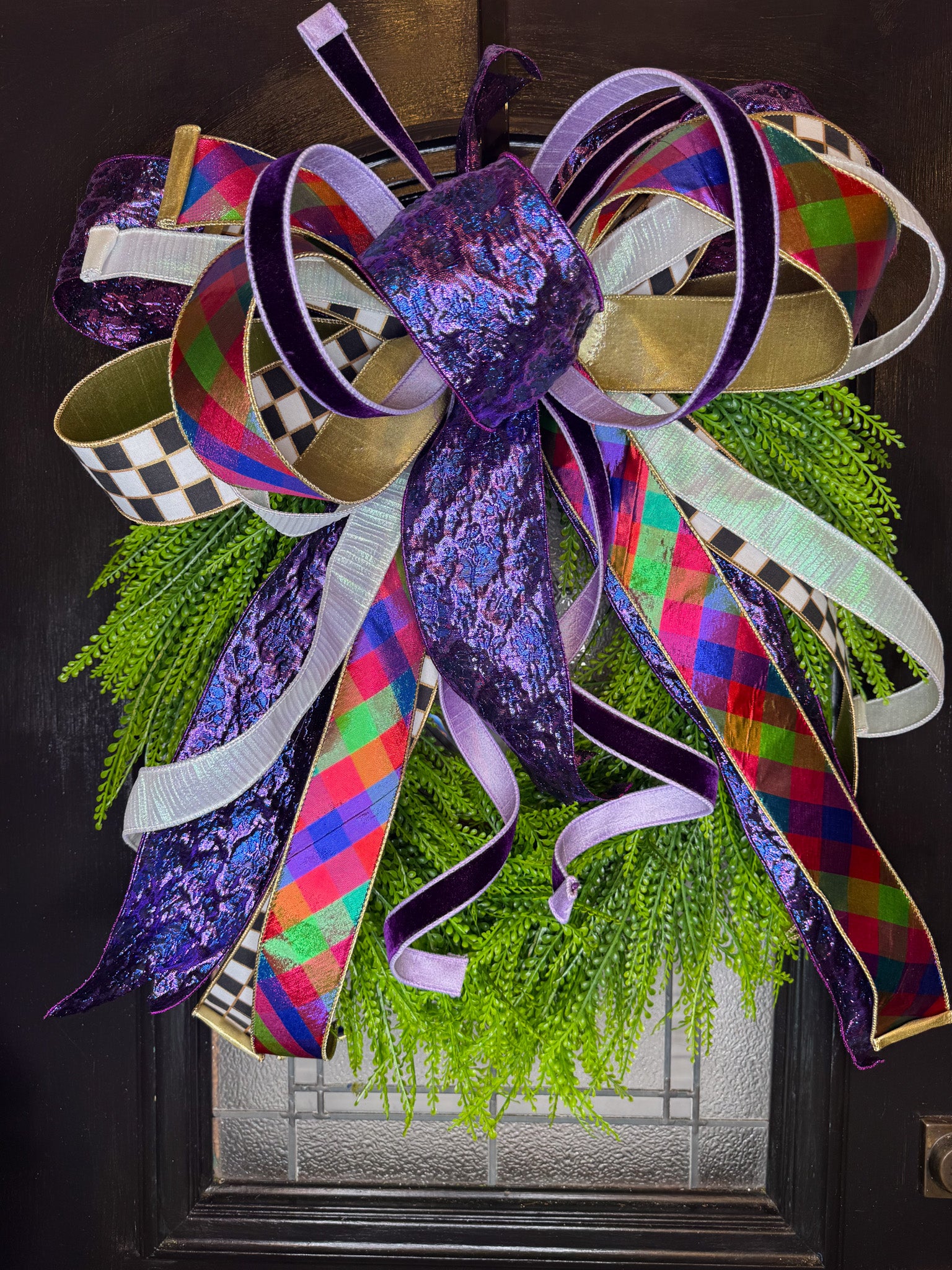 Tarleton Purple Poo Bow on Bead Grass Wreath