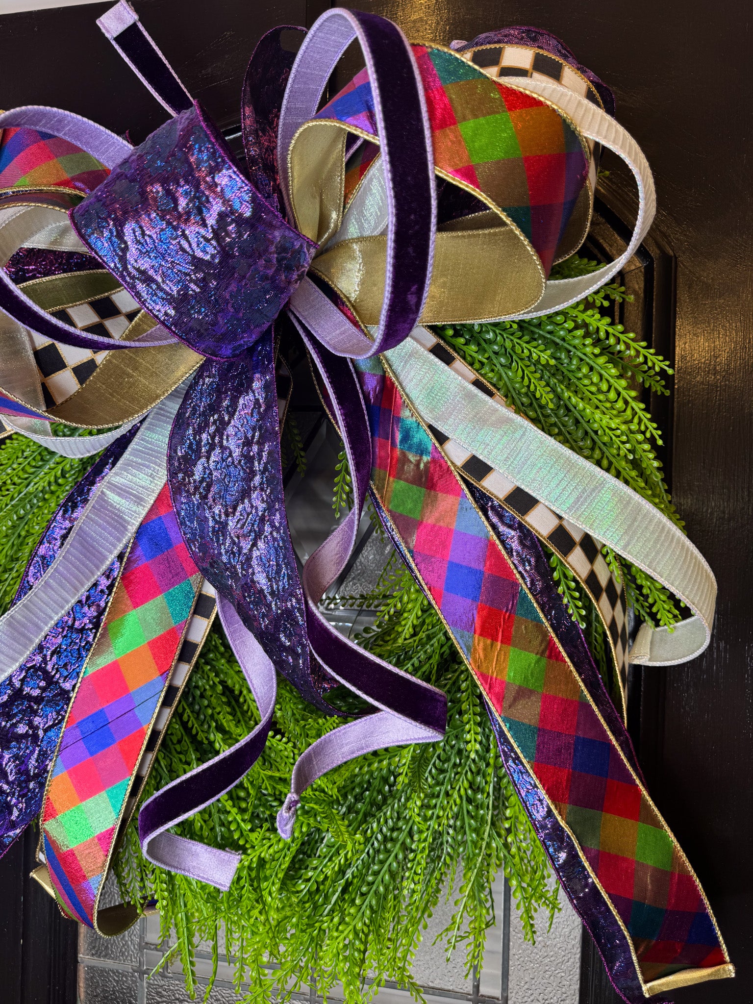 Tarleton Purple Poo Bow on Bead Grass Wreath