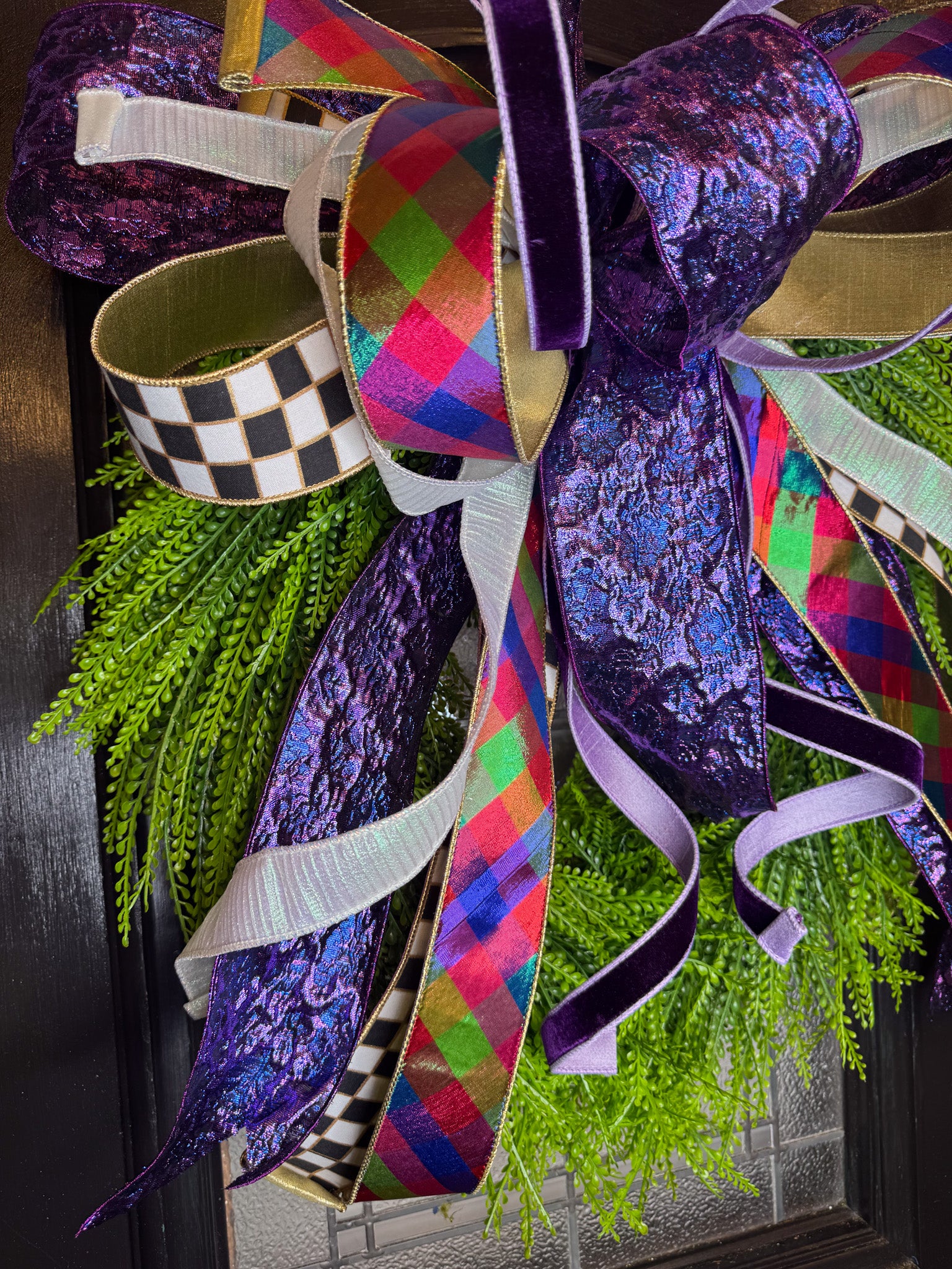 Tarleton Purple Poo Bow on Bead Grass Wreath