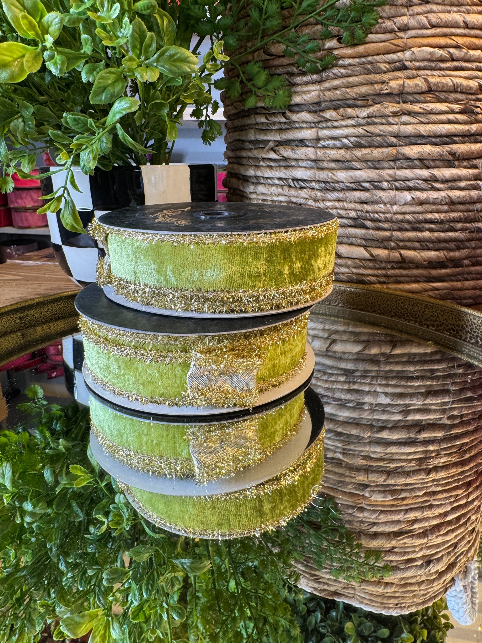 Velvet Metallic Dupion Tinsel Edge Apple JME Ribbon