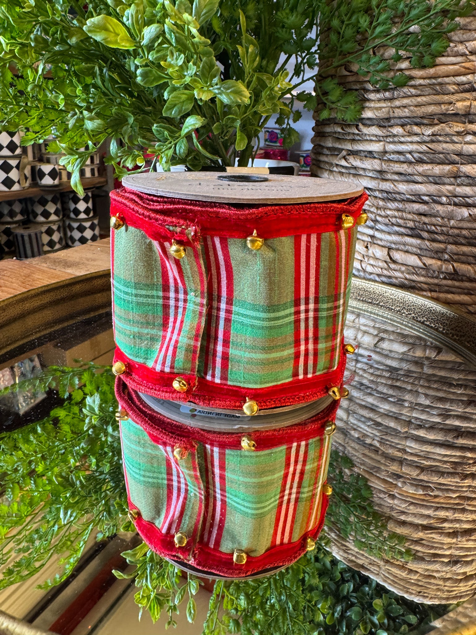 Faux Dupion North Pole Plaid and Bell Ribbon