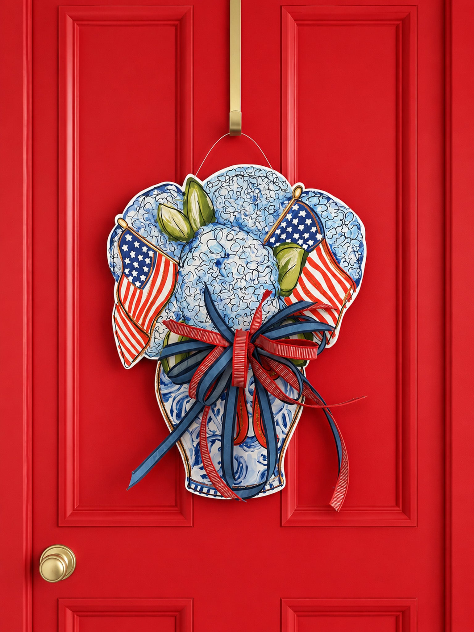 Patriotic Hydrangea in Chinoiserie Vase with Bow