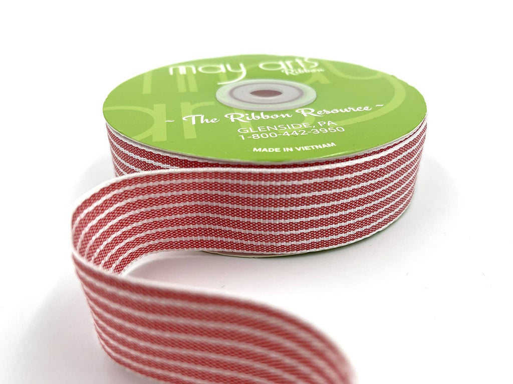 ~1" Soft Red/White Thick Woven Striped Ribbon