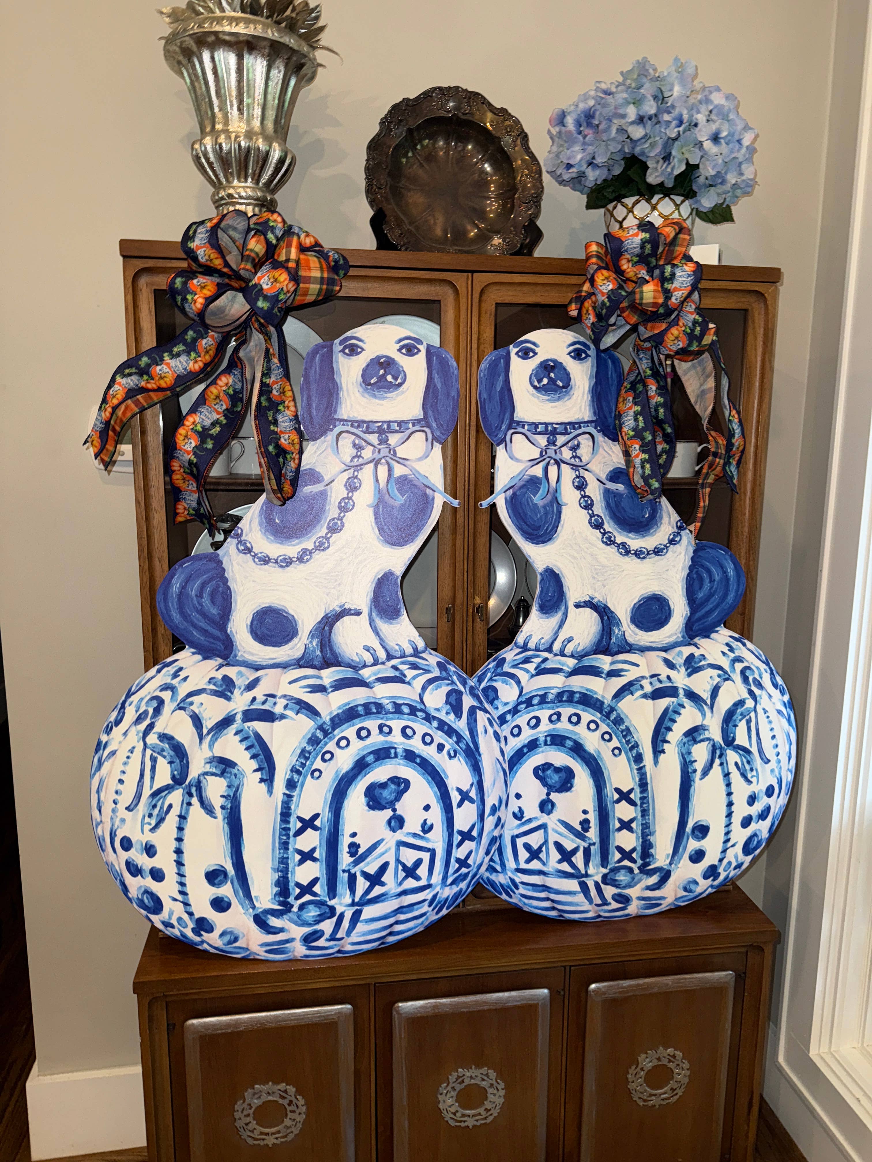 LARGE Designer PAIR of Chinois Staffie Pumpkin Door Hangers