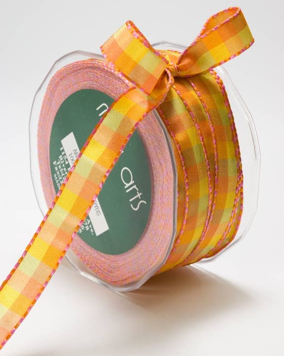 1/2" Orange, Pink, Green Gingham Checkered Ribbon
