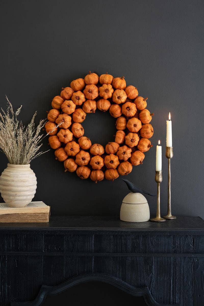 ORANGE FAUX PUMPKIN WREATH: Orange / Dried Botanical / 19"d