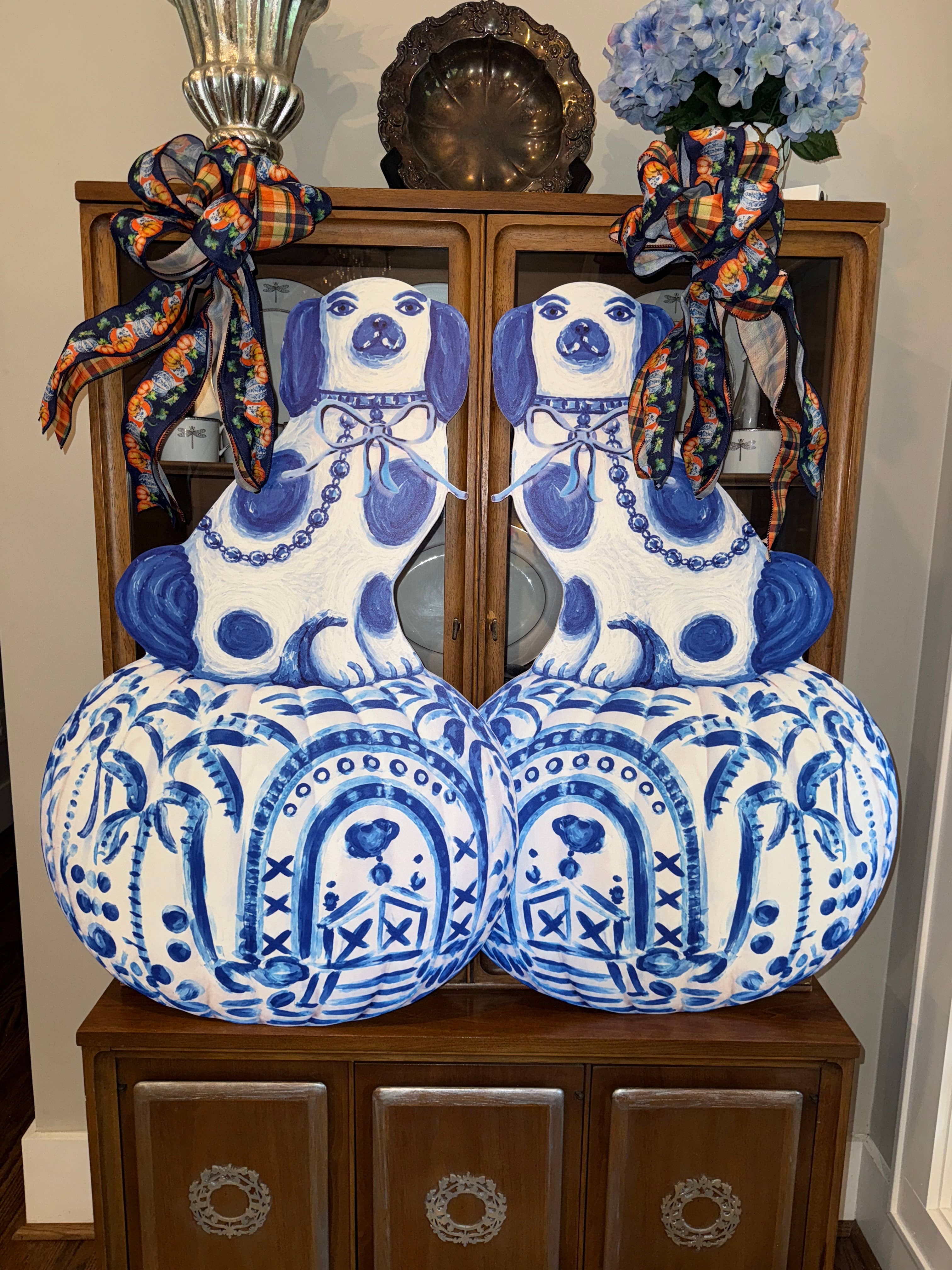 LARGE Designer PAIR of Chinois Staffie Pumpkin Door Hangers