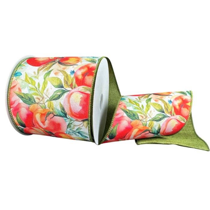 4"X10Y WIRED RIBBON DOUBLE SIDED: WATERCOLOR PEACHES/MOSS LINEN BACK