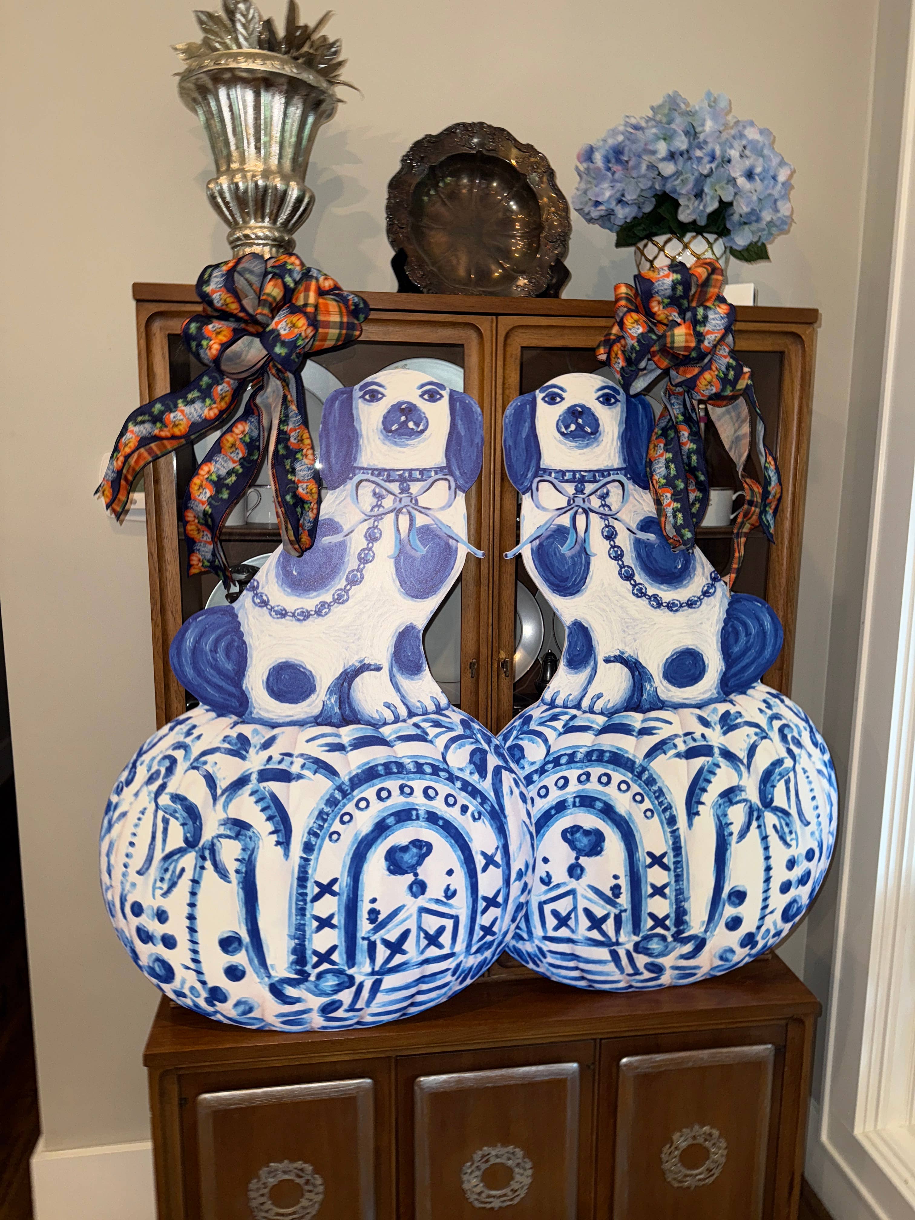 LARGE Designer PAIR of Chinois Staffie Pumpkin Door Hangers